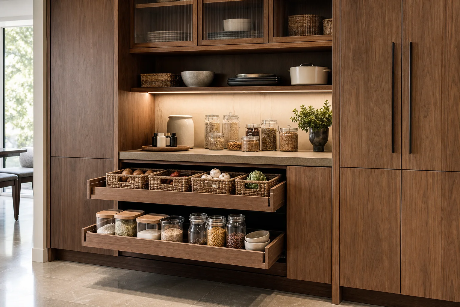 Despensa compacta con armarios de madera, cestas y recipientes de cristal sin marcas visibles