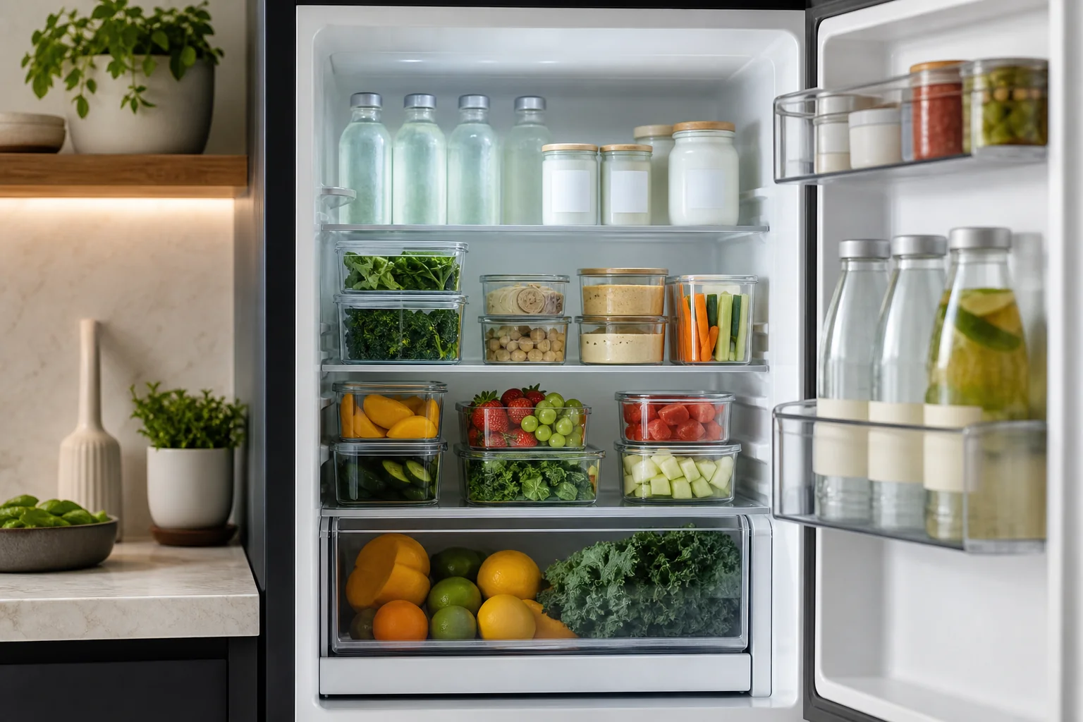 Nevera organizada con recipientes de vidrio y verduras listas para cenas frescas