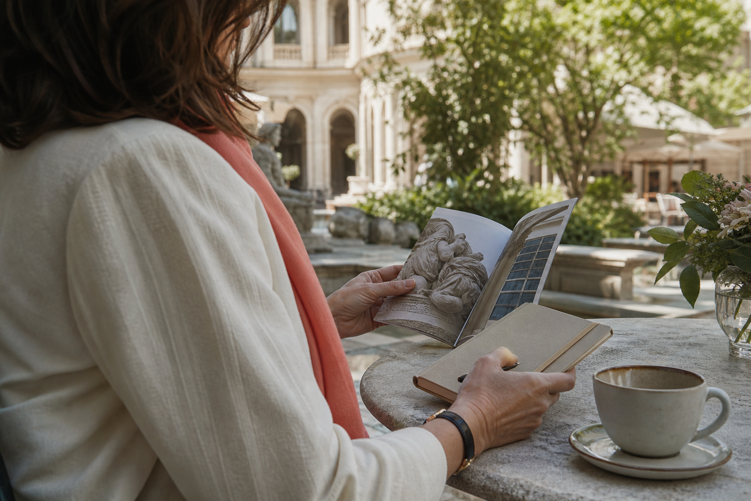 Cuaderno, café y programa de museo sobre una mesa de patio cultural iluminado por la mañana.
