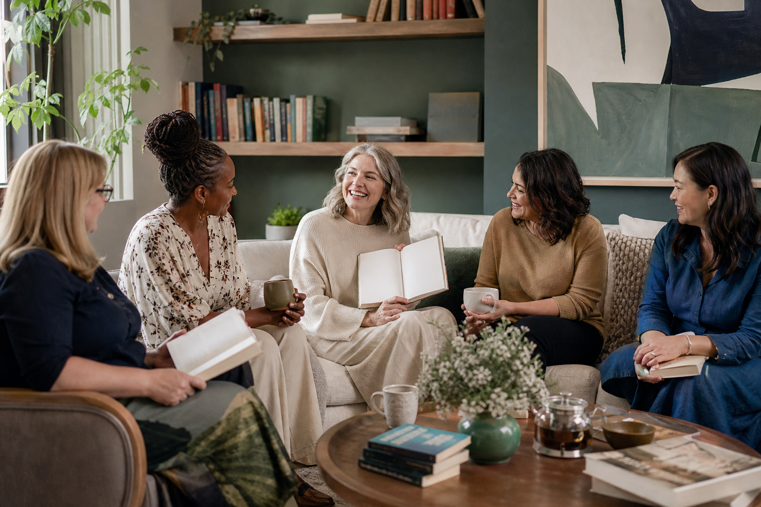 Grupo de mujeres adultas conversando en un salón luminoso con libros y té durante una reunión tranquila