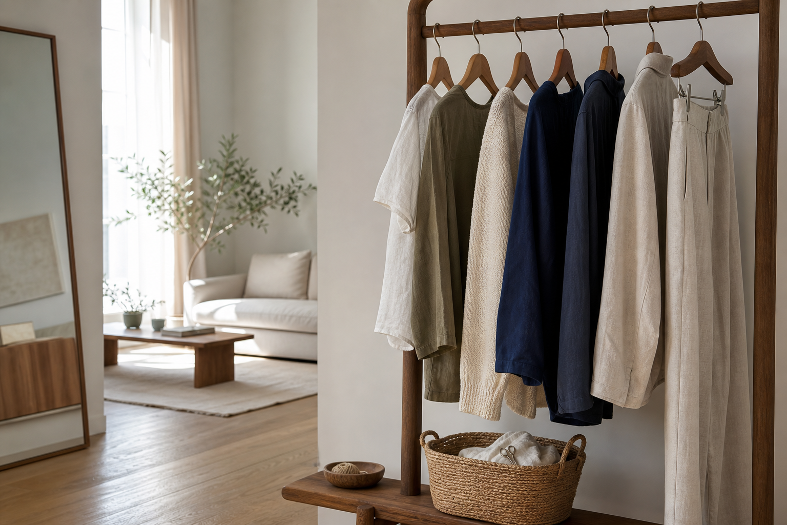 Perchero minimalista con prendas atemporales de fibras naturales y luz suave de mañana