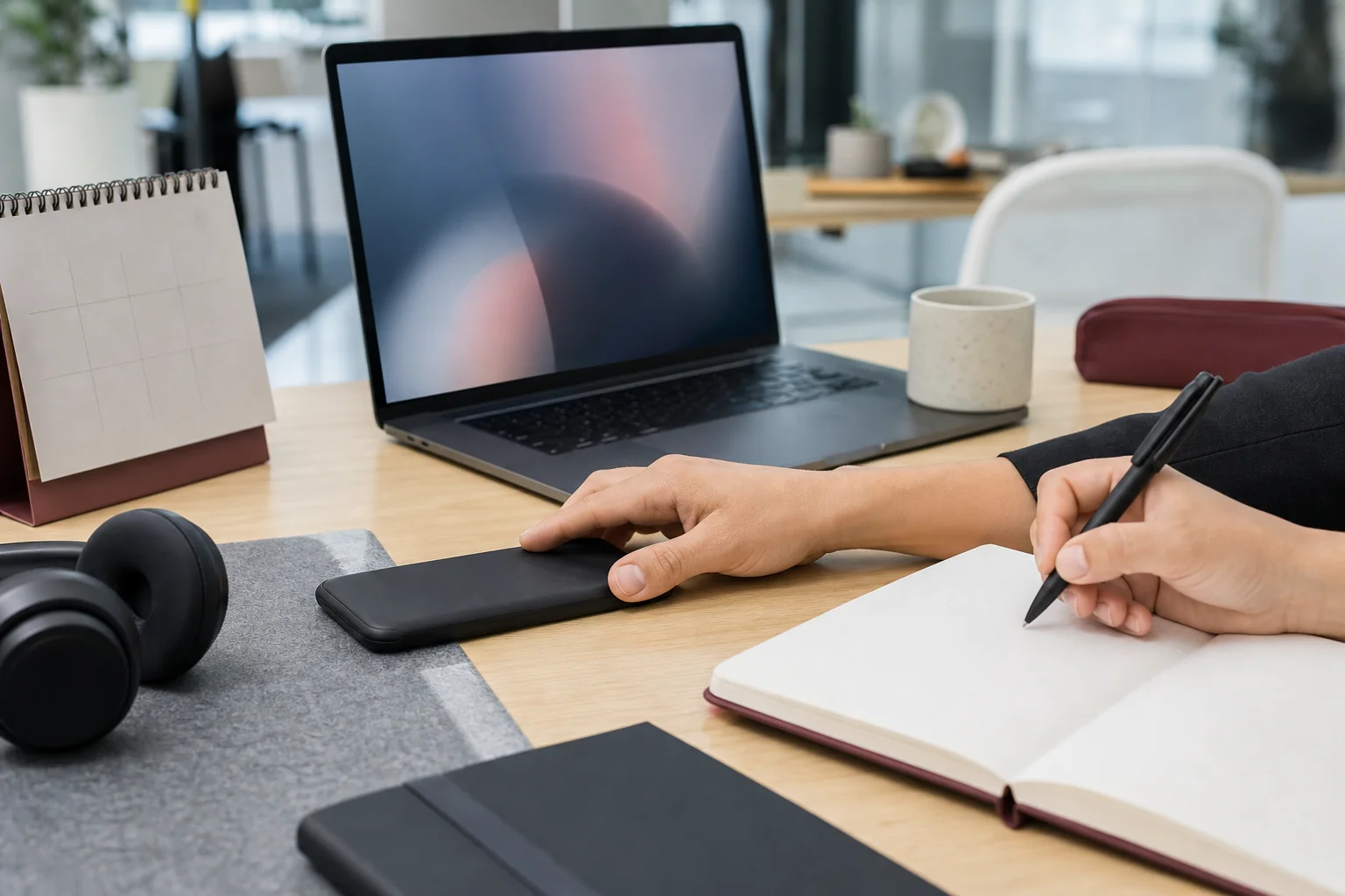 Manos apartando un móvil boca abajo en una mesa de trabajo luminosa