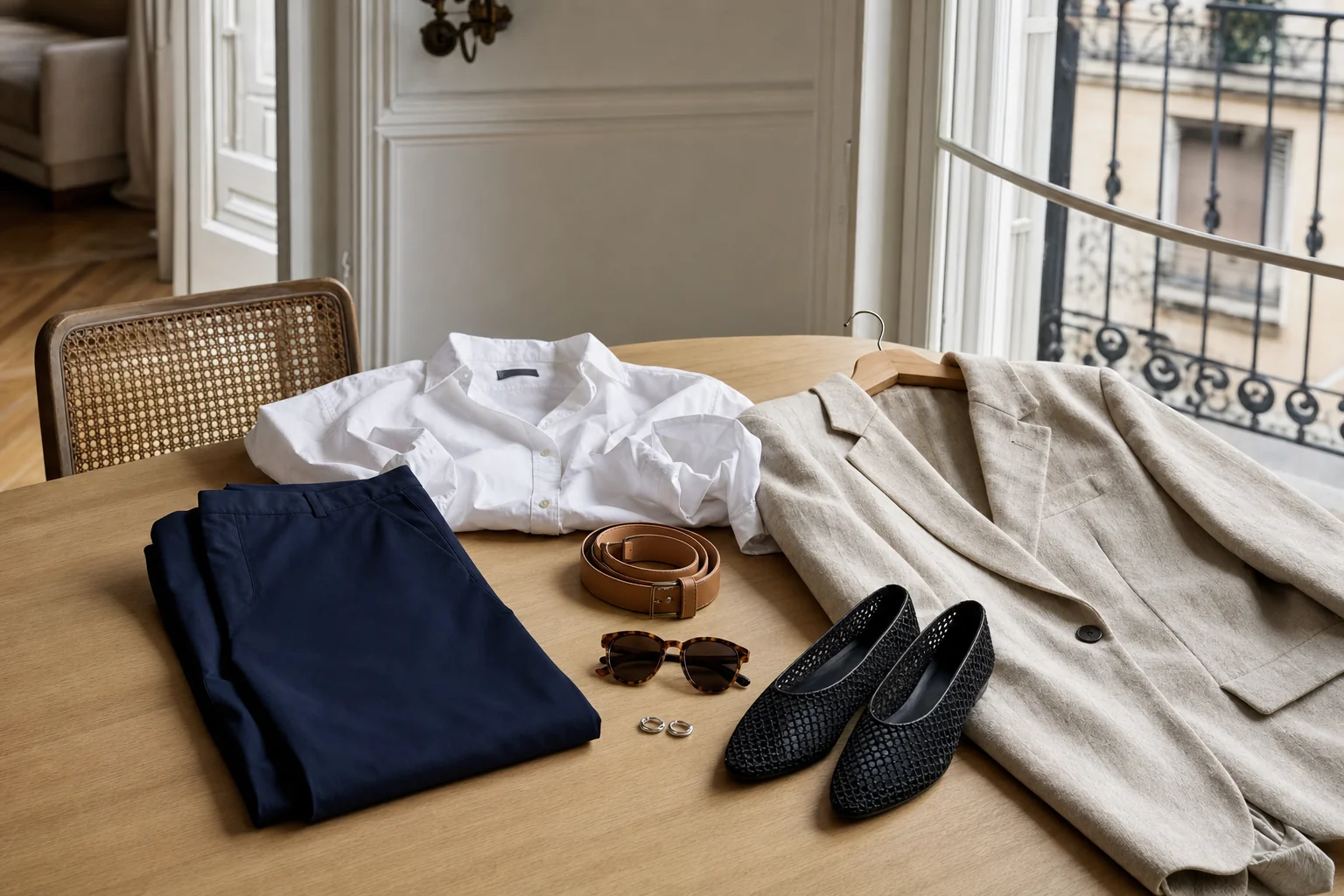 Selección de prendas de verano con pantalón capri, camisa blanca y bailarinas negras