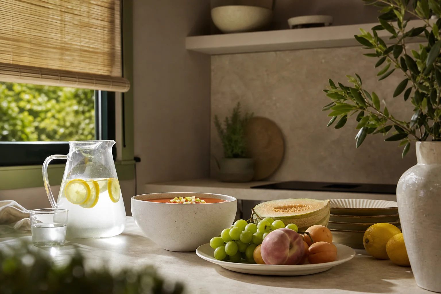 Cocina mediterránea con jarra de agua fría y persiana filtrando la luz de la tarde