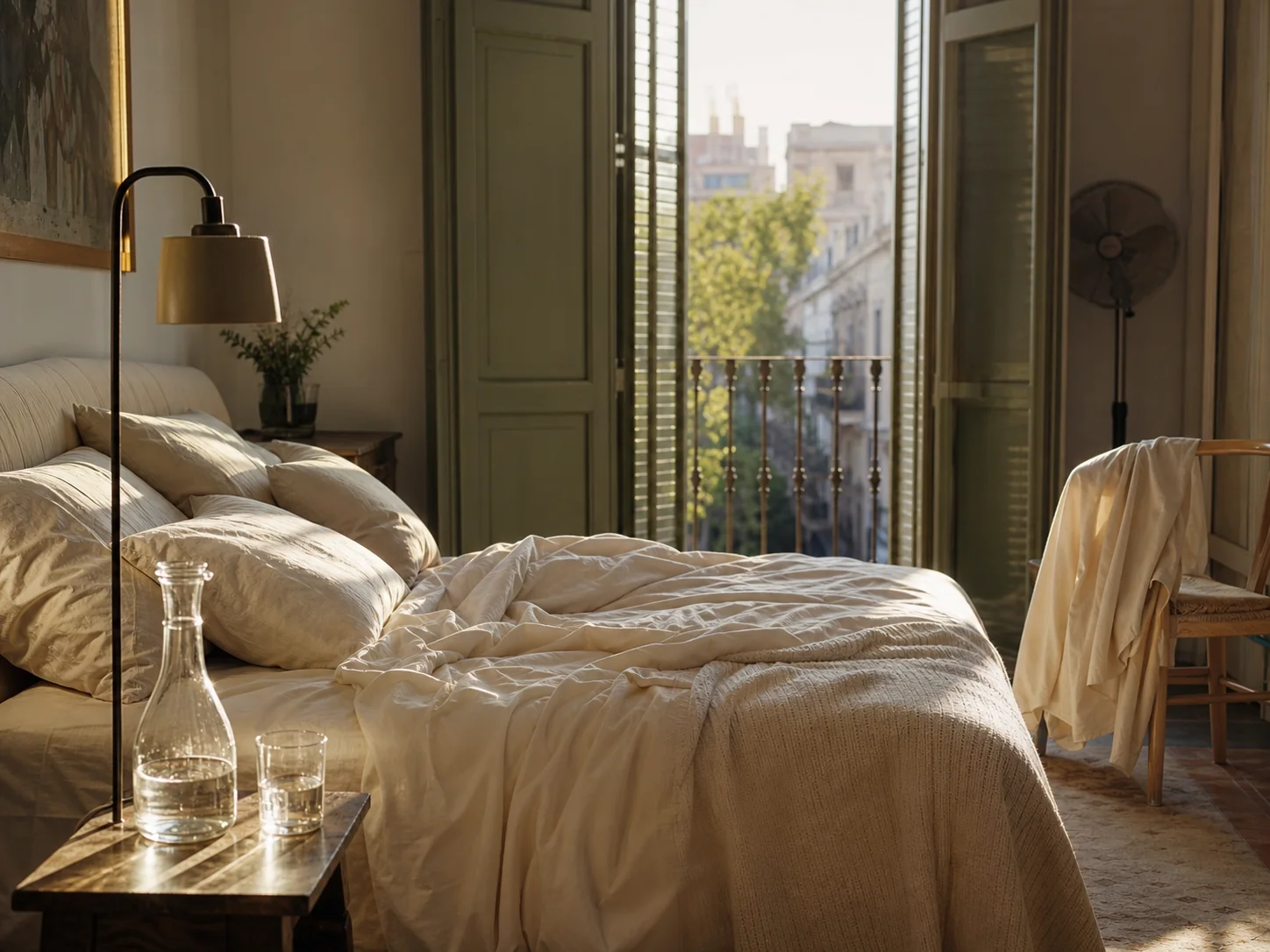 Dormitorio luminoso con agua junto a la cama y ropa ligera preparada para una noche calurosa