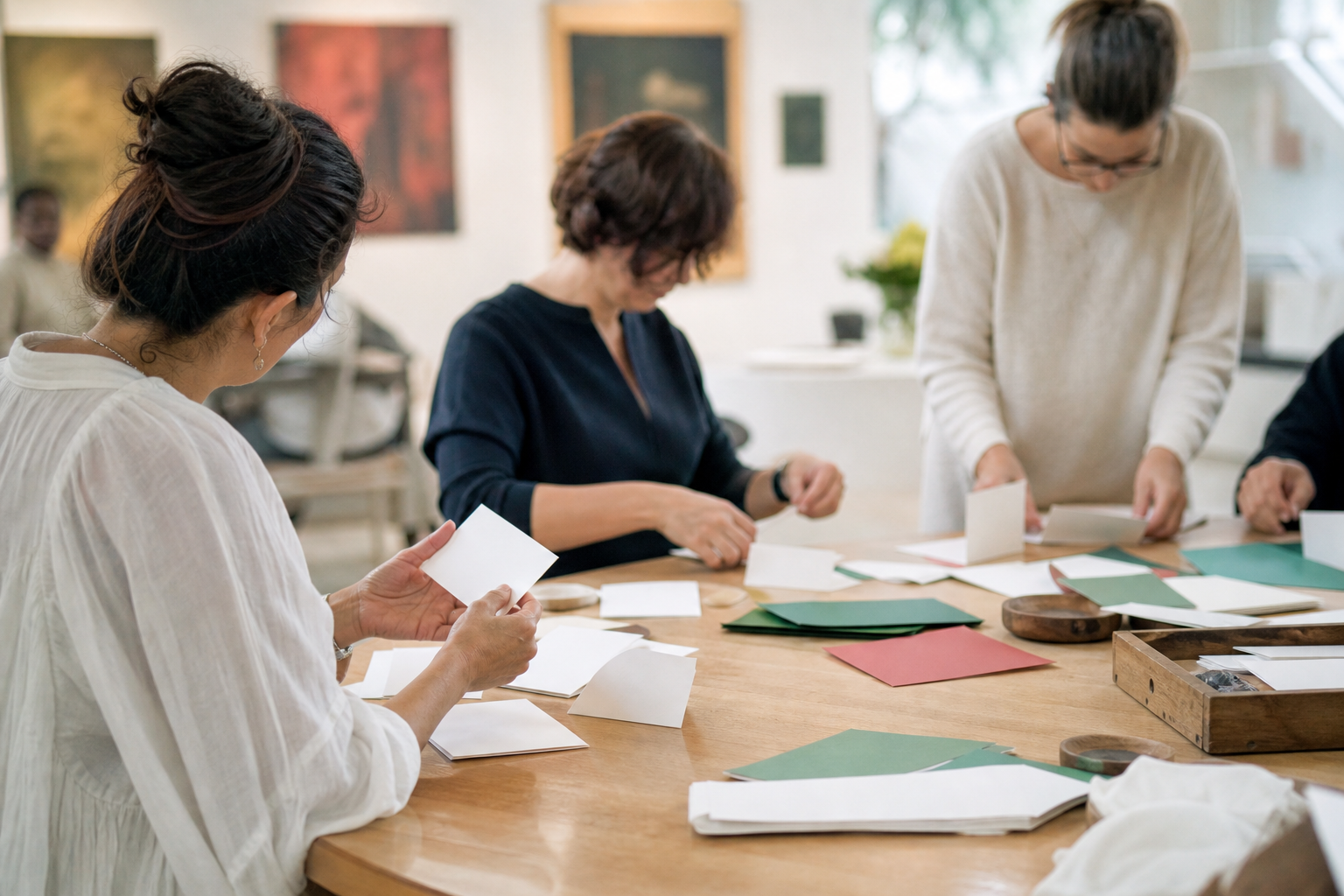 Mesa de taller participativo en un museo con mujeres adultas trabajando con papeles de colores y materiales culturales.