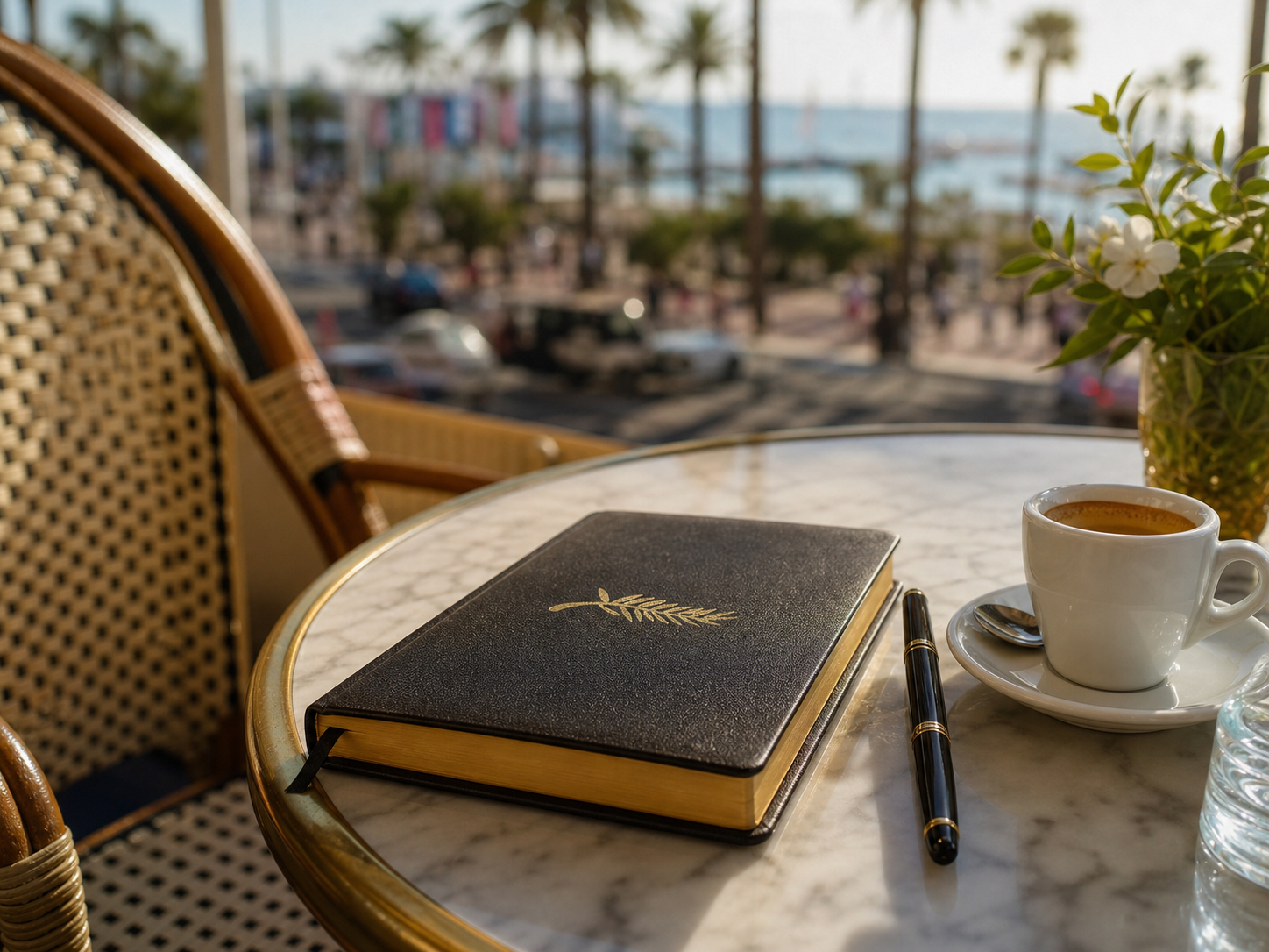 Cuaderno de programación, café y luz mediterránea durante una mañana de festival.