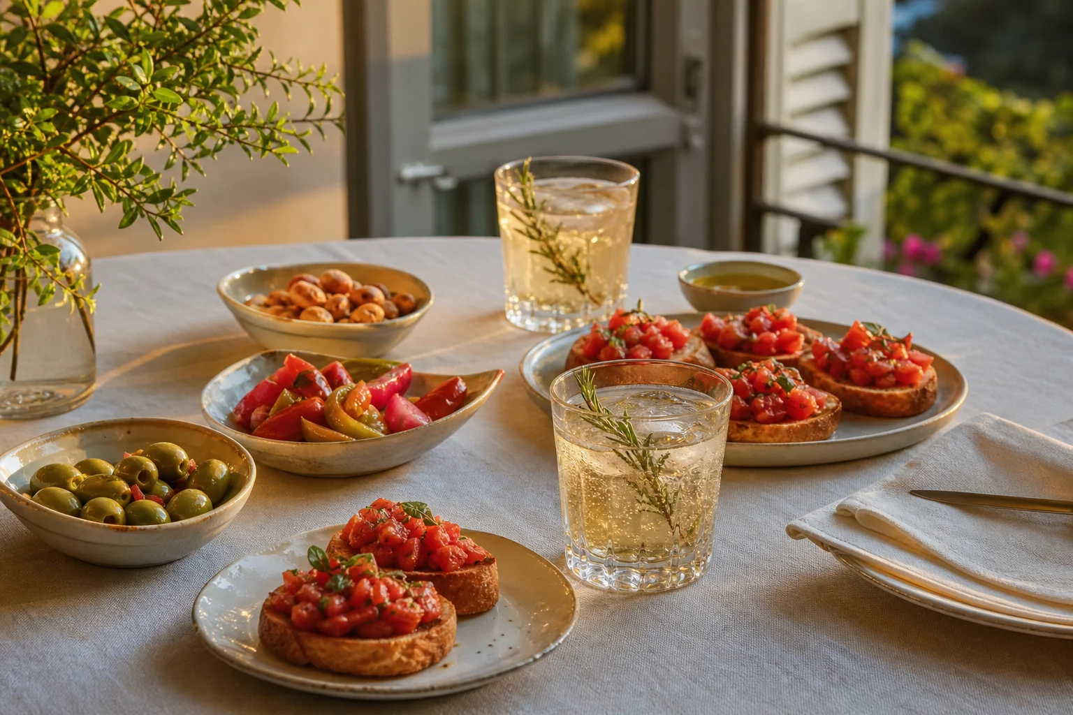 Mesa de aperitivo de tarde con tostadas de tomate, aceitunas y bebidas botánicas sin alcohol