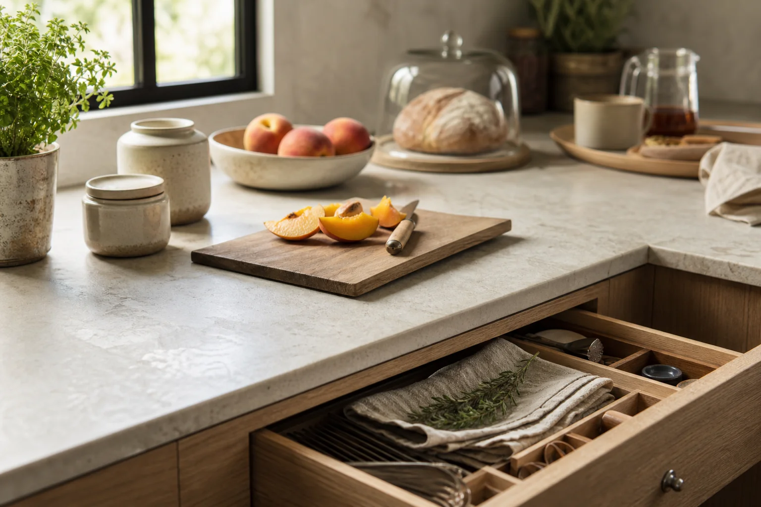 Encimera de cocina con tarros de cerámica, cajón organizado y luz natural suave