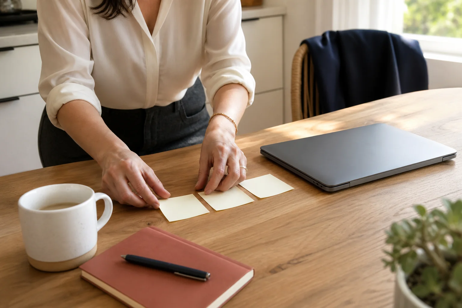 Manos ordenando notas en blanco junto a un portátil cerrado y una taza de café