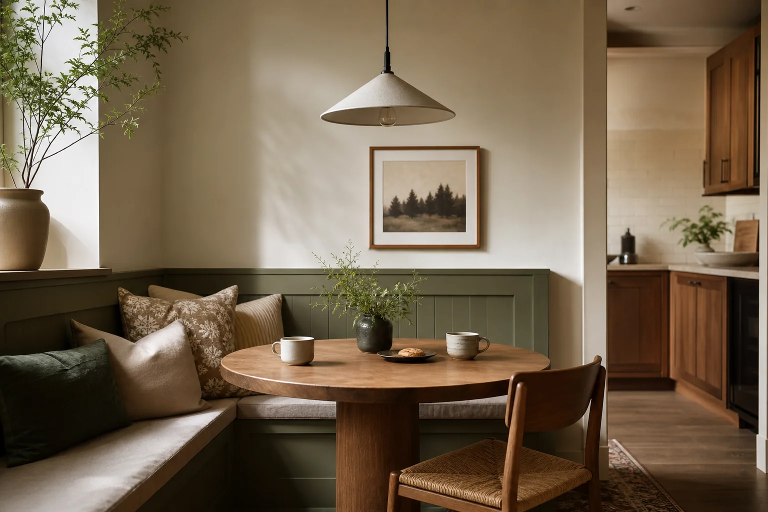 Rincón de comedor diario junto a una cocina con mesa redonda de madera y luz cálida
