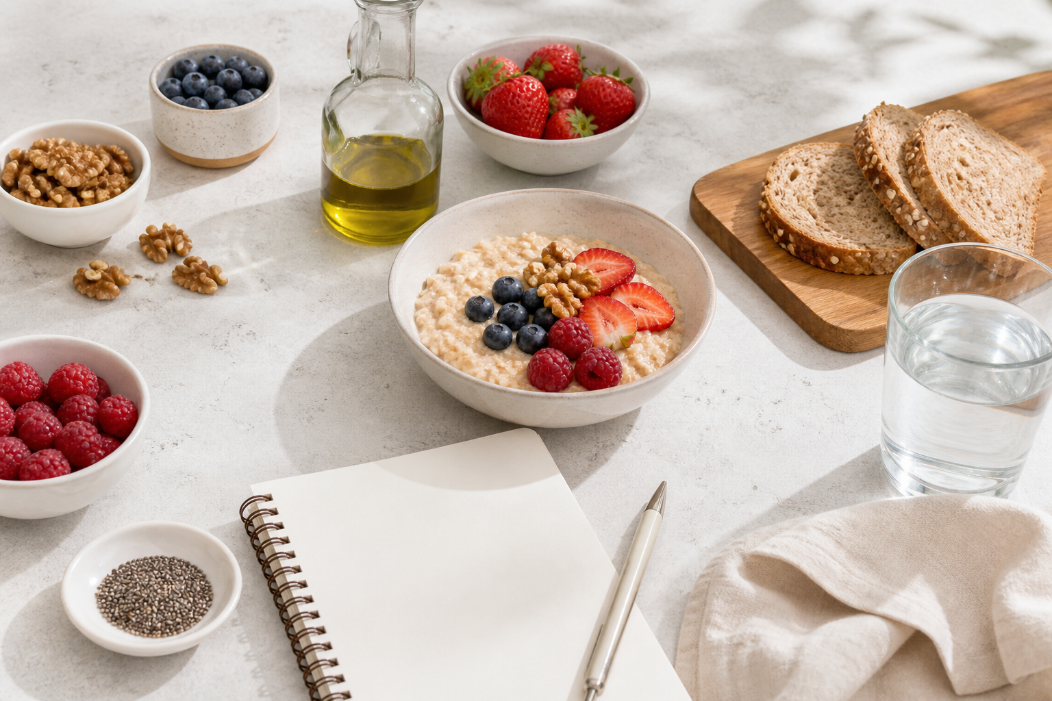 Desayuno mediterráneo con avena, frutos rojos, nueces y aceite de oliva sobre una encimera luminosa