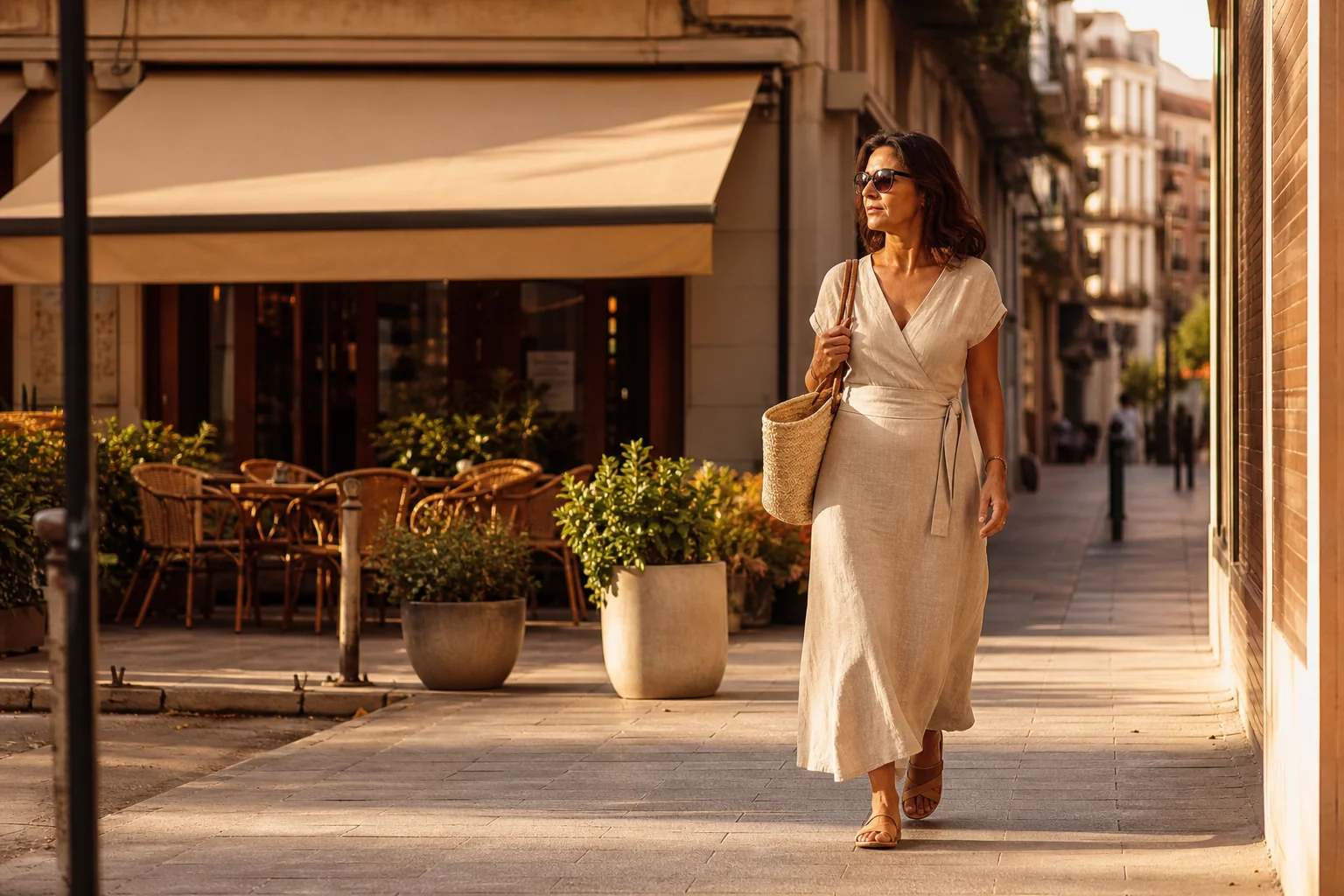 Mujer con vestido de lino caminando por una calle española sombreada al atardecer