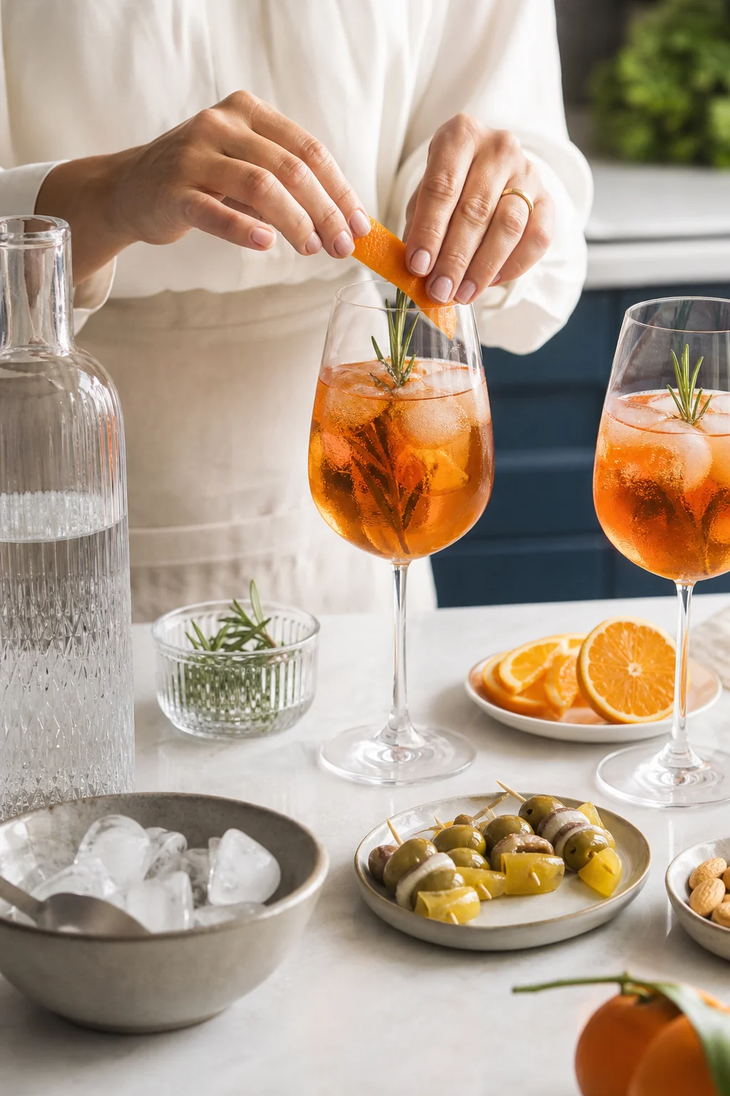 Manos preparando dos copas de aperitivo sin alcohol con naranja y romero en una cocina luminosa