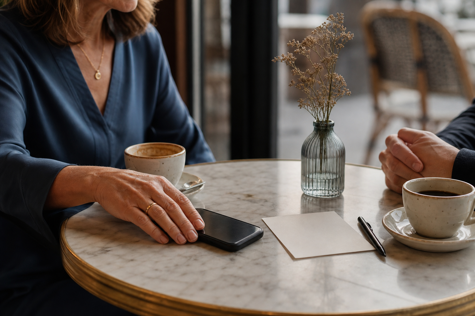 Teléfono boca abajo junto a dos tazas de café en una mesa tranquila durante una conversación adulta