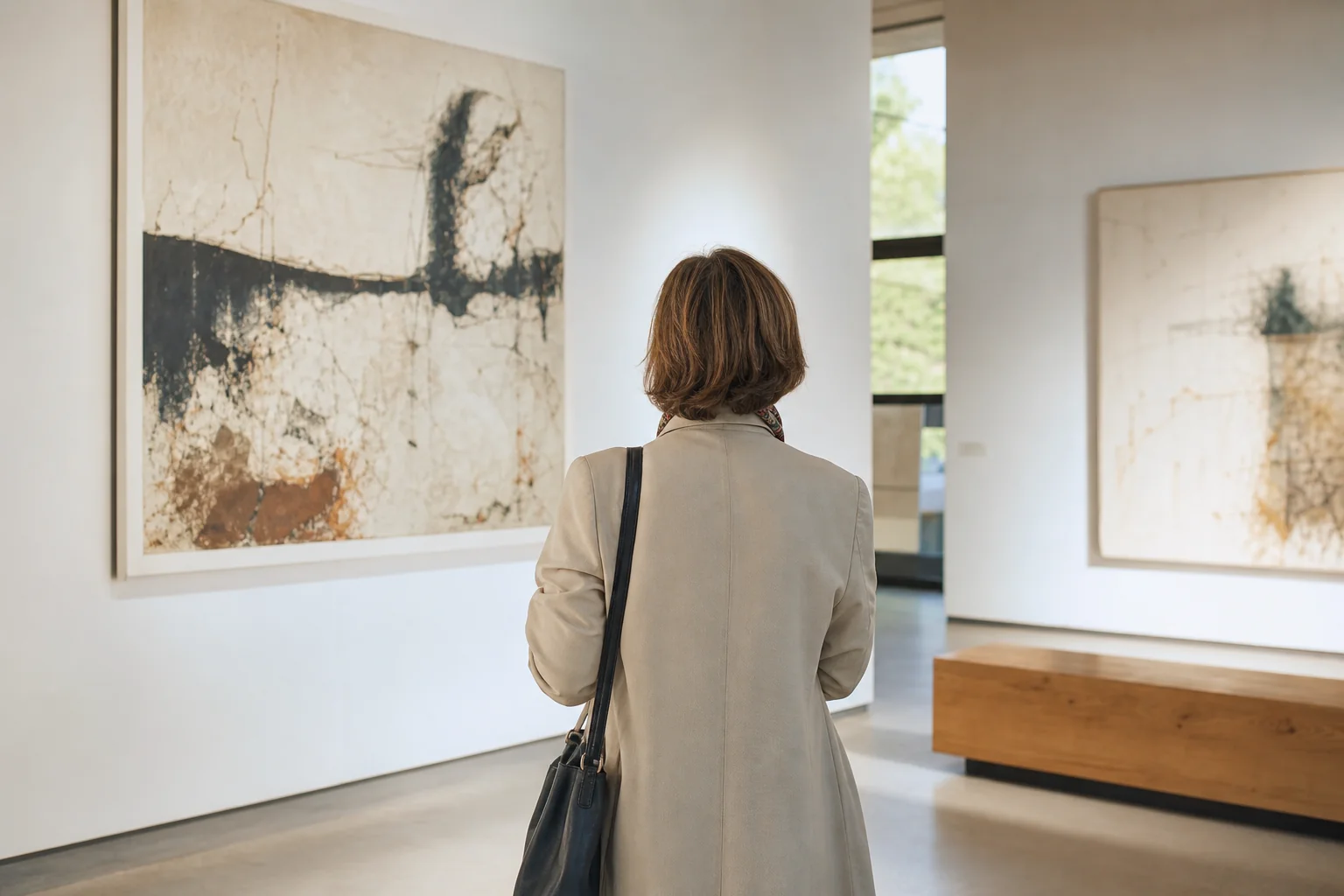 Mujer adulta observando una obra en una sala de museo clara y silenciosa