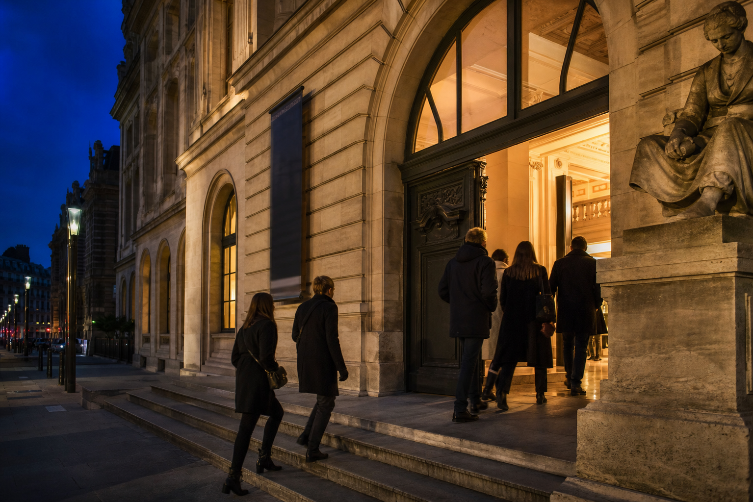 Entrada de museo iluminada al atardecer con visitantes adultos llegando para una apertura nocturna.